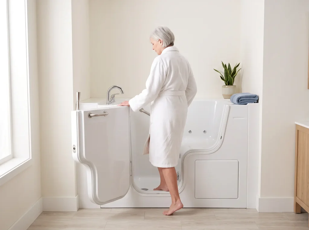 Senior woman stepping into accessible bathtub