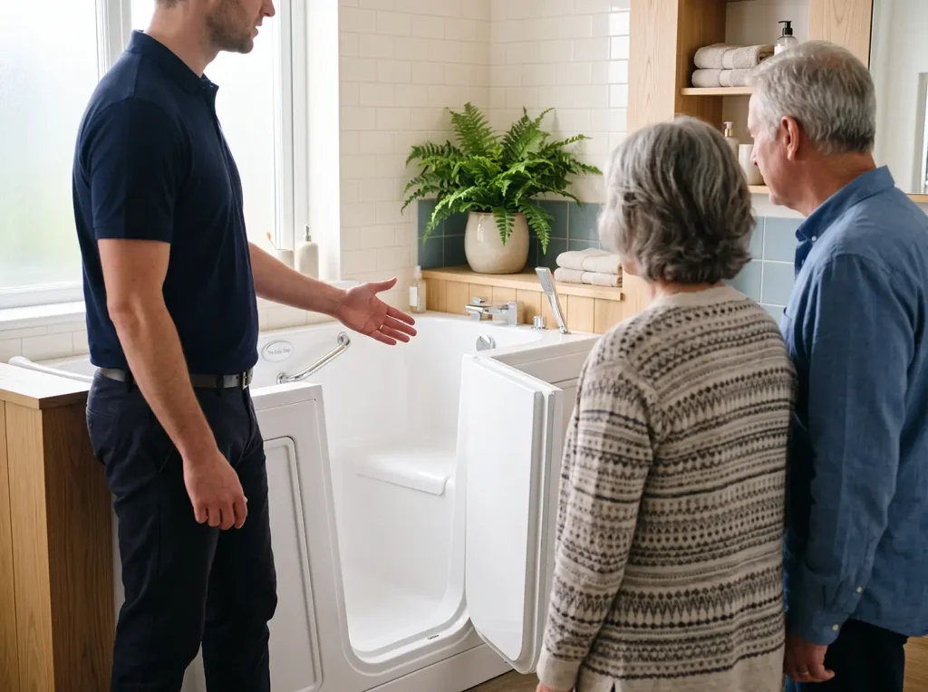 Walk-in bathtub for seniors, outward-opening door